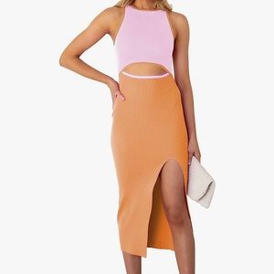 Orange and Pink Color Block Midi Dress